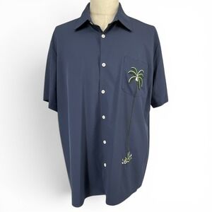 Hawalili Mens XL Blue Short Sleeve Palm Tree Embroidered Button Down Shirt